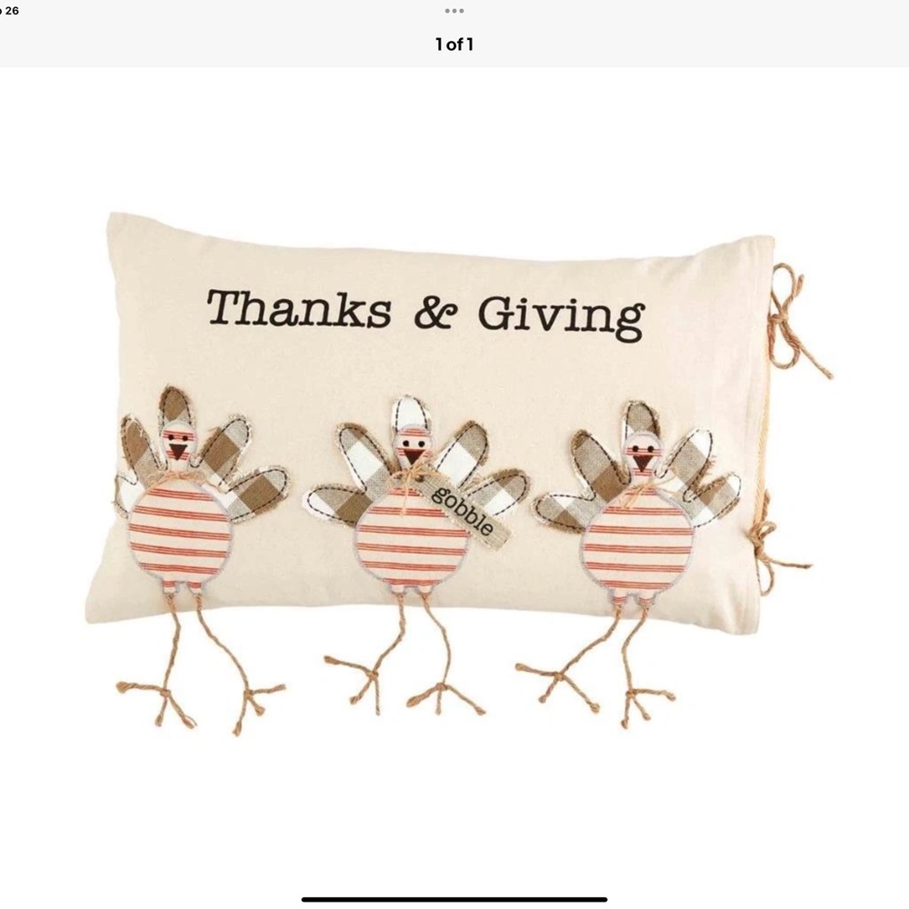 NWT Mud Pie Turkey Thanks Appliqué Throw Pillow 13” x 21”